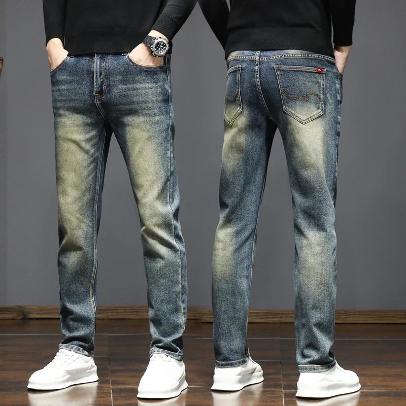 Men's American Retro Slim Straight Jeans | Micro-Elastic Men's Slim Jeans Qme Yellow Retro blue 31