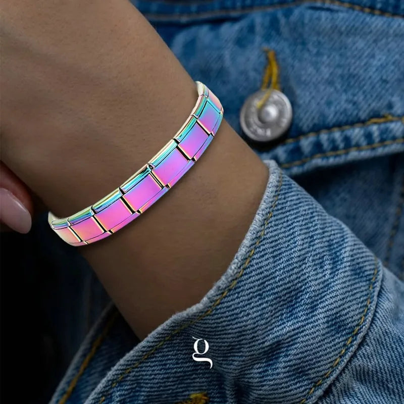 Italian Charm Laser Rose Stainless Steel Elastic Link Bangle Charm Link Bangle Qme