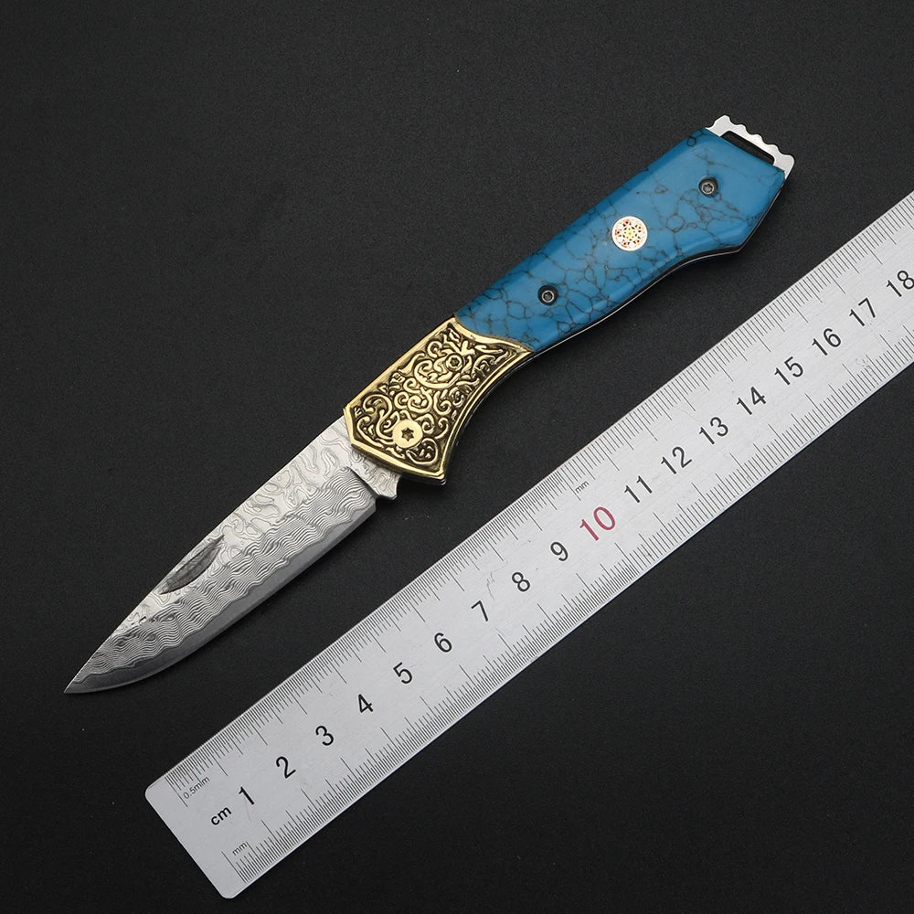 XUANFENG Damascus Folding Pocket Knife – Blue Pattern Steel Damascus Folding Knife Qst