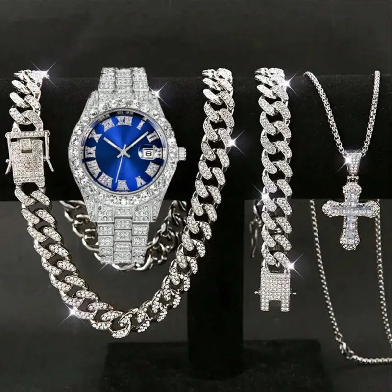 Men's Iced Out Cuban Chain & Diamond Silver Watch Combo Set Watch Jewelry Combo Qme
