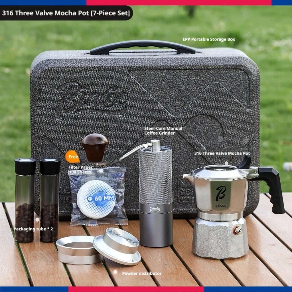 316SS Moka Pot Set with Grinder & 3-Valve Stovetop Espresso Maker Moka Pot Set Qst 02 Style-B