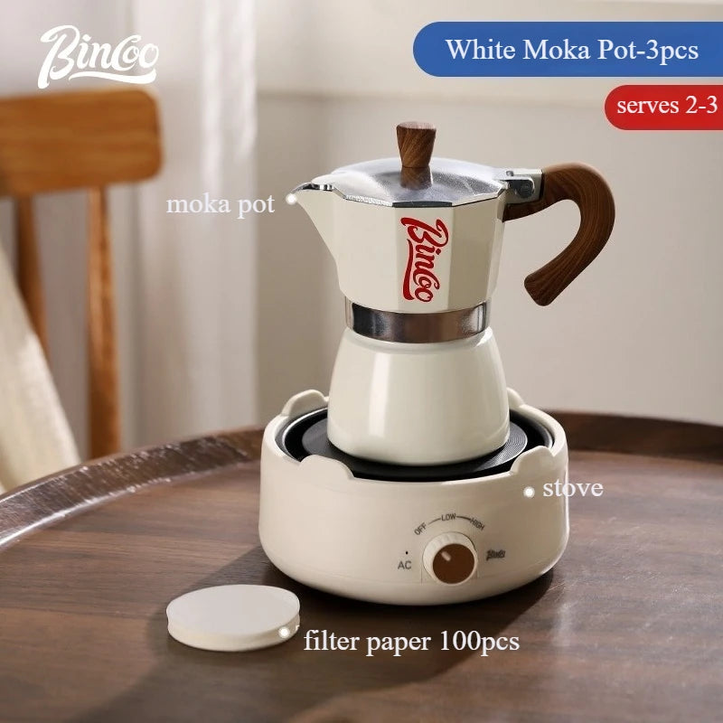 Bincoo Premium Moka Pot & Espresso Machine Set for Home Espresso Brewing Set Qst White 3-cup 3pcs B