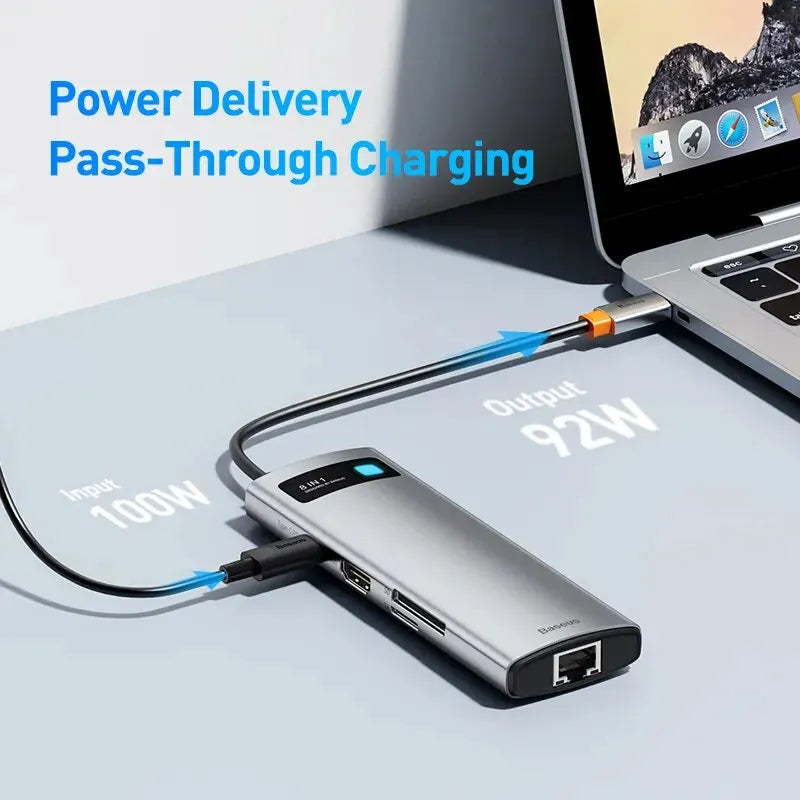Baseus 8-Port USB-C Hub 4K 60Hz HDMI Ethernet PD 100W USB-C Multiport Hub Qst