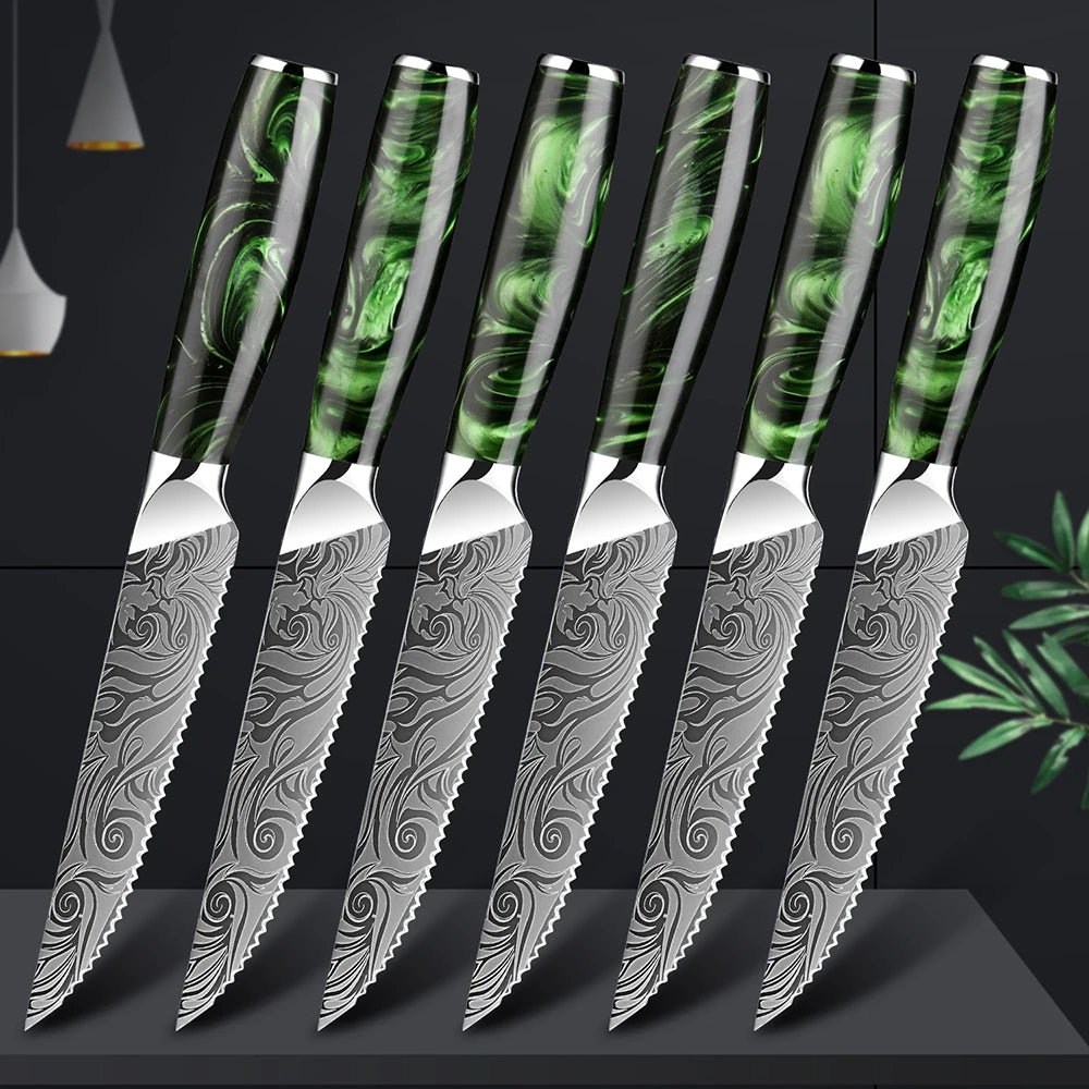 XITUO Serrated Steak Knife Set – Stainless Steel & Green Resin Steak Knife Set Qst