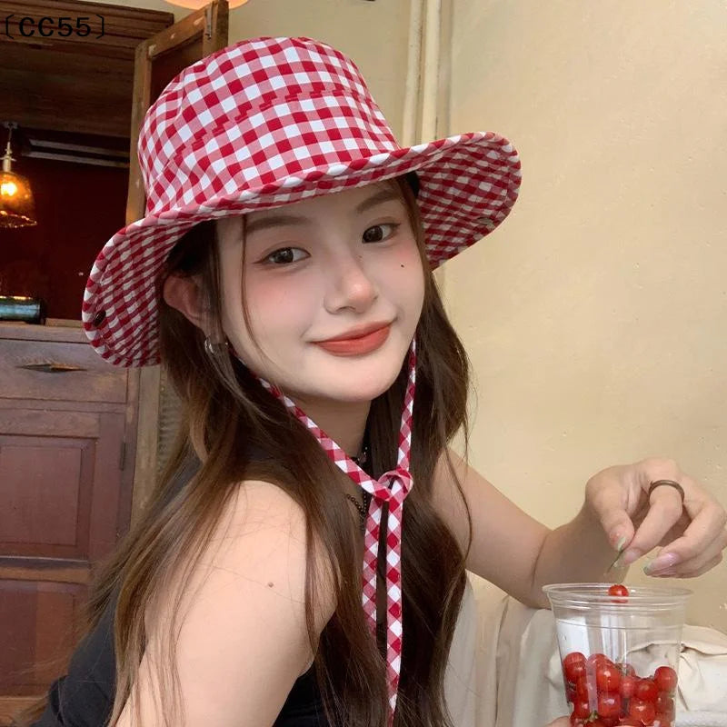 Vintage Plaid Bucket Hat – Wide Brim UV Sun Hat for Women Bucket Sun Hat Qst