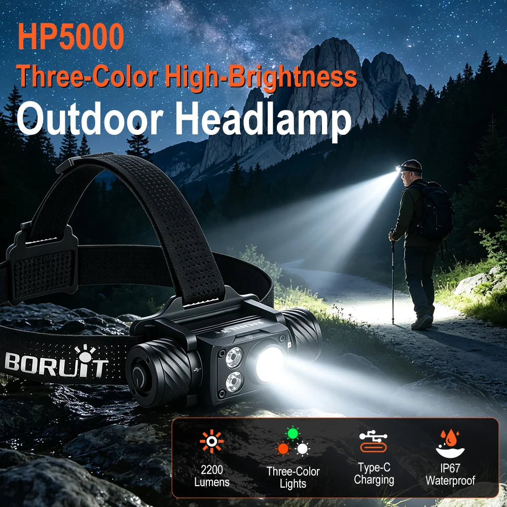 BORUiT HP5000 2200LM LED Headlamp – IP67, Type-C Rechargeable LED Headlamp Qst