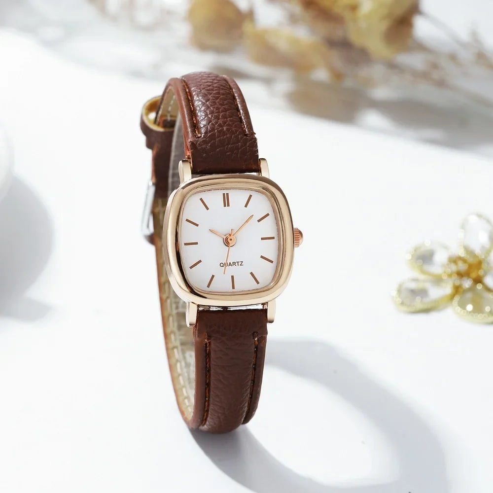 Women's Minimalist Square Quartz Watch – Rose Gold Brown Strap Women's Quartz Watch Qme