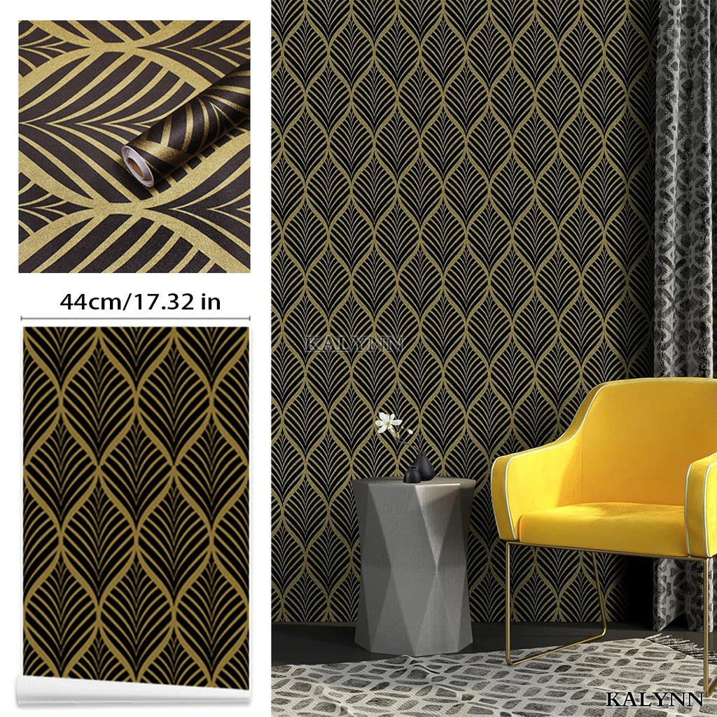 Black Gold Art Deco Self-Adhesive Wallpaper | Geometric PVC Self-Adhesive Wallpaper Qme