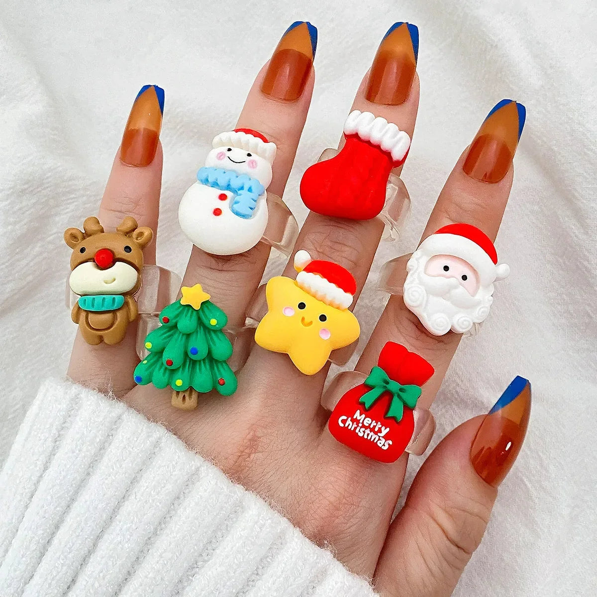 Cartoon Christmas Ring – Elk, Snowman & Tree Designs Novelty Holiday Ring Qme