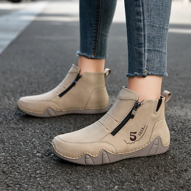 Women's Split Leather Ankle Boots – Flat Zip-Up Casual Boots Women's Ankle Boots Qst