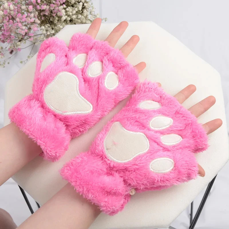 Women's Plush Cat Claw Gloves – Cute Bear Paw Fingerless Mittens Fingerless Novelty Gloves Qme Rose Red One Size