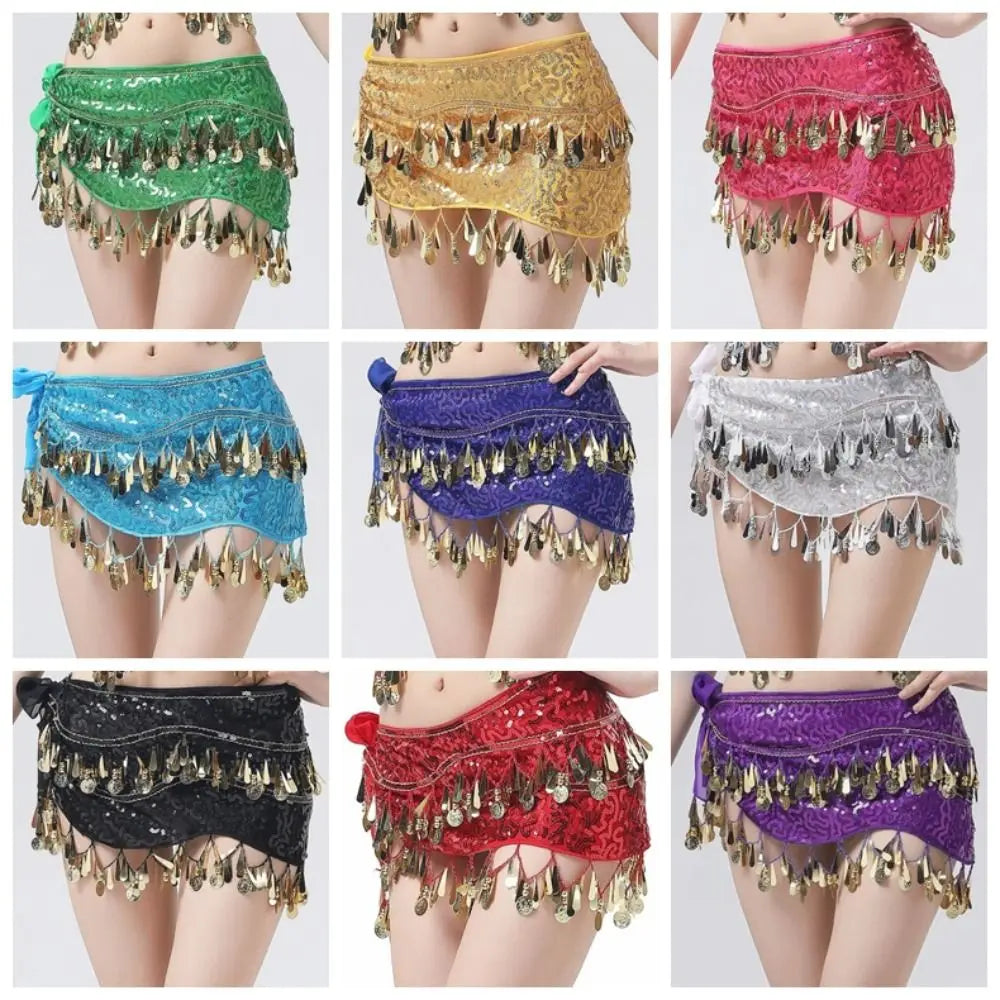 Glitter Sequin Belly Dance Waist Chain with Long Tassels Belly Dance Waist Chain Qme