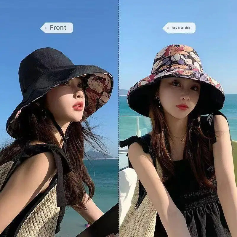 Women's Double-Sided Flower Print Wide Brim Bucket Hat Women's Bucket Hat Qst Black