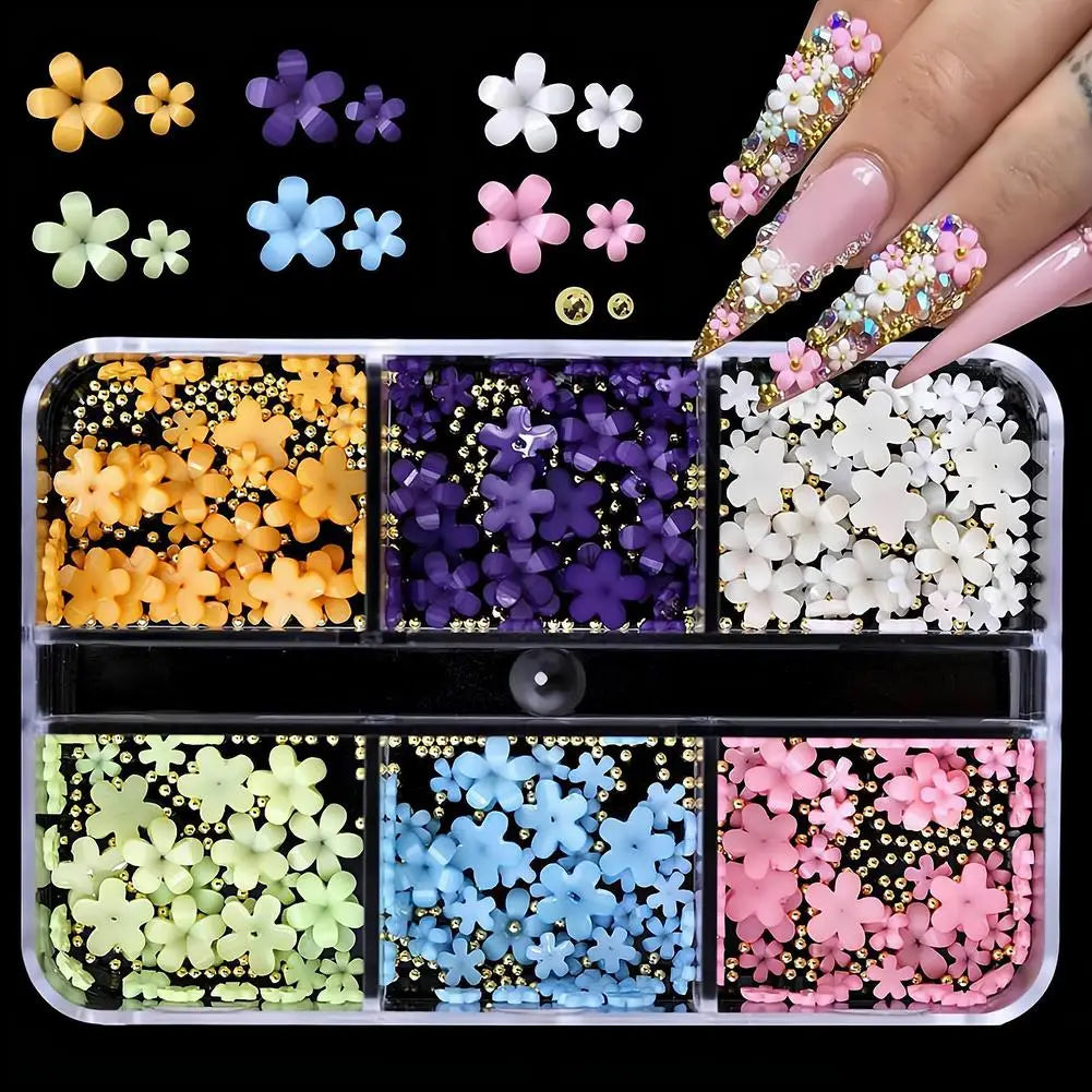 3D Acrylic Flower Nail Charms – Colorful Floral Caviar Beads Nail Art Charms Qme