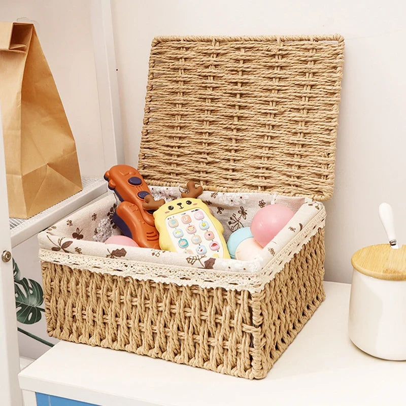 Desktop Cosmetic & Snack Storage Box | Rattan Woven Organizer Desktop Storage Organizer Qme
