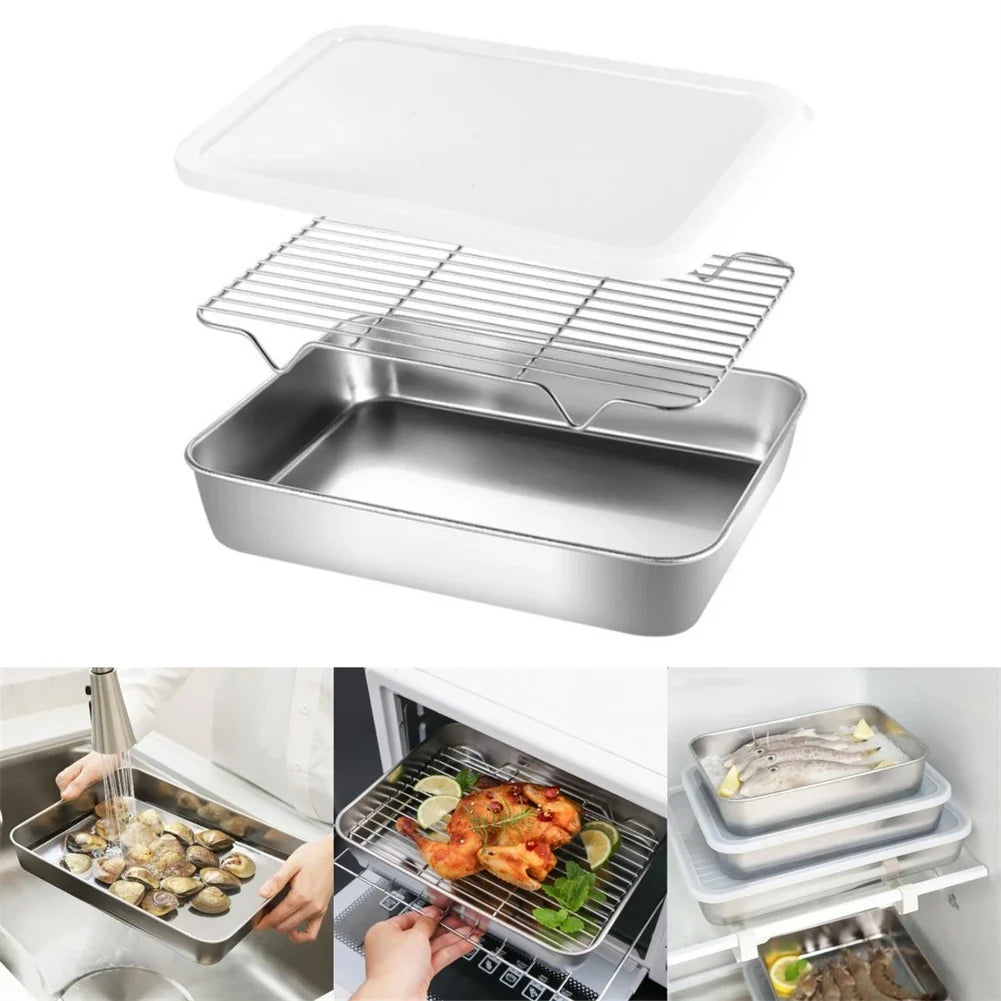 Stainless Steel Baking Pan & Wire Rack Set – Oven, BBQ & Cake Baking Pan & Rack Set Qme