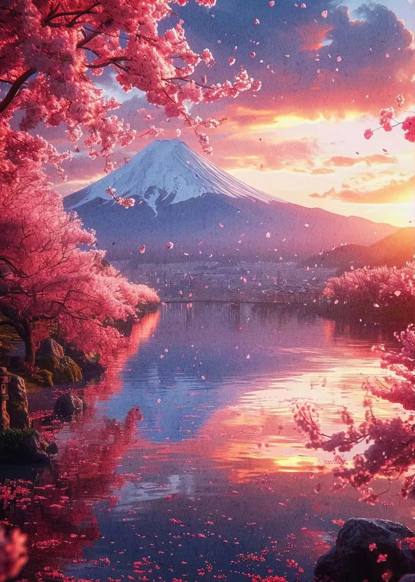 Mount Fuji Cherry Blossom Canvas Wall Art – Sunrise Print Canvas Wall Art Qst L 50x70cm Unframed