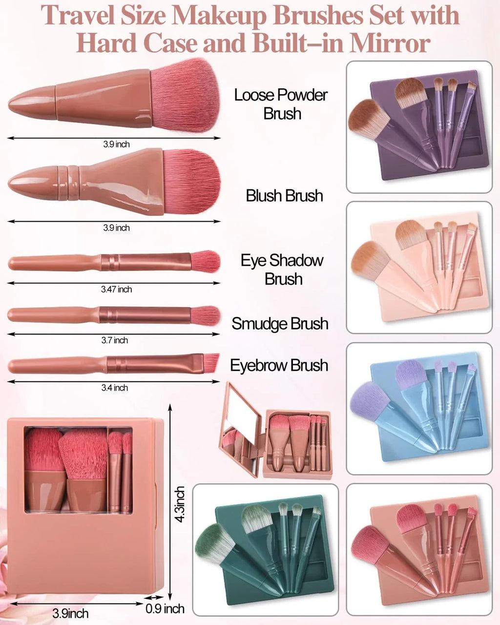 Mini Travel Makeup Brush Set with Mirror Shell | 5 Brushes Travel Makeup Brush Set Qme