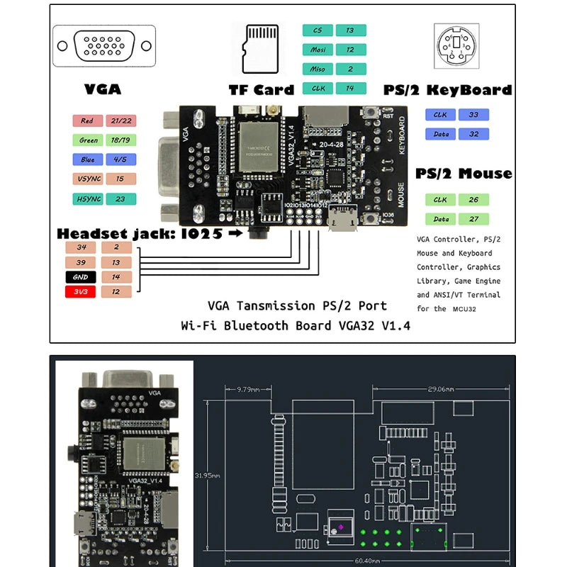 VGA32 V1.4 PS/2 Controller – Graphics, Game Engine & Terminal Microcontroller Dev Board Qst