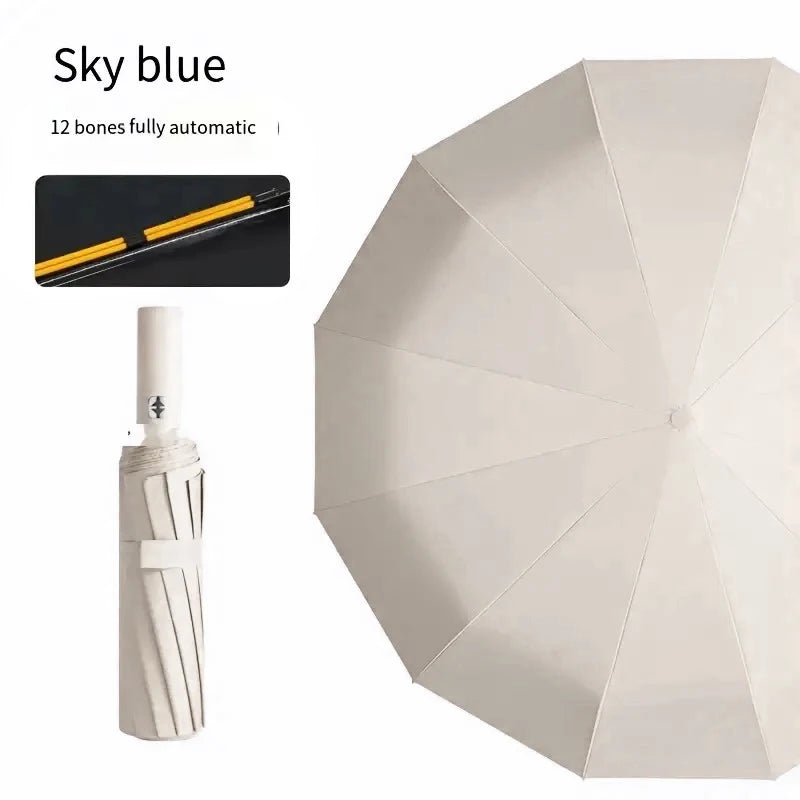 24-Rib Auto Folding Umbrella – Large UV & Rain Canopy Folding Umbrella Qst Beige 12K Iron