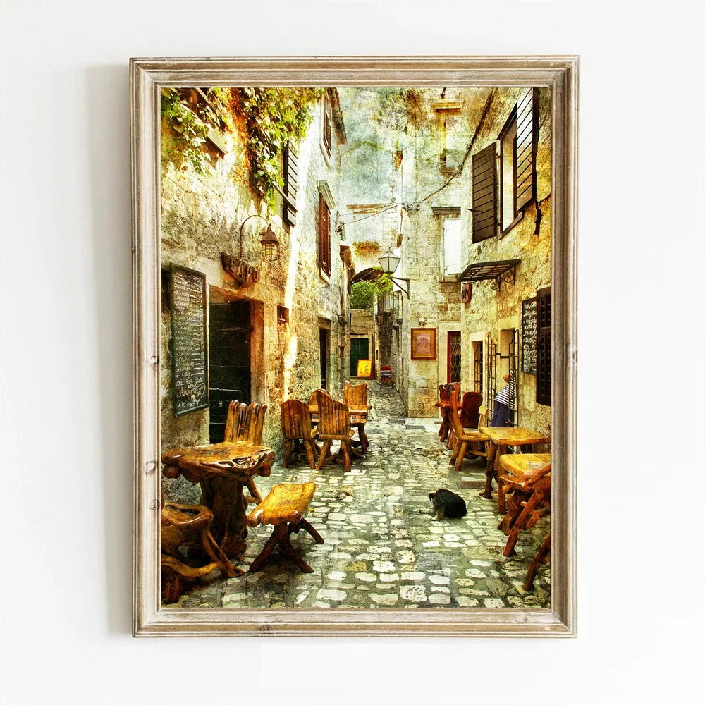 Retro Nostalgic Town Canvas Poster | Flowers Boats Bicycles Canvas Wall Art Qst
