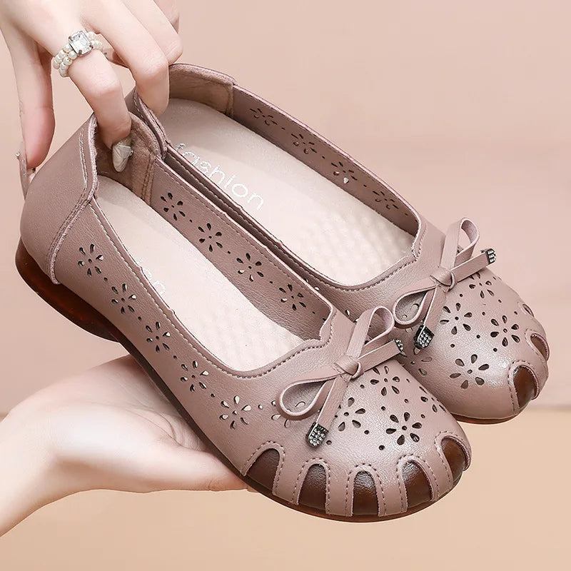 Women's Soft Leather Slip-On Flat Loafers with Floral Detail Flat Loafers Qst Khaki B 35 CN