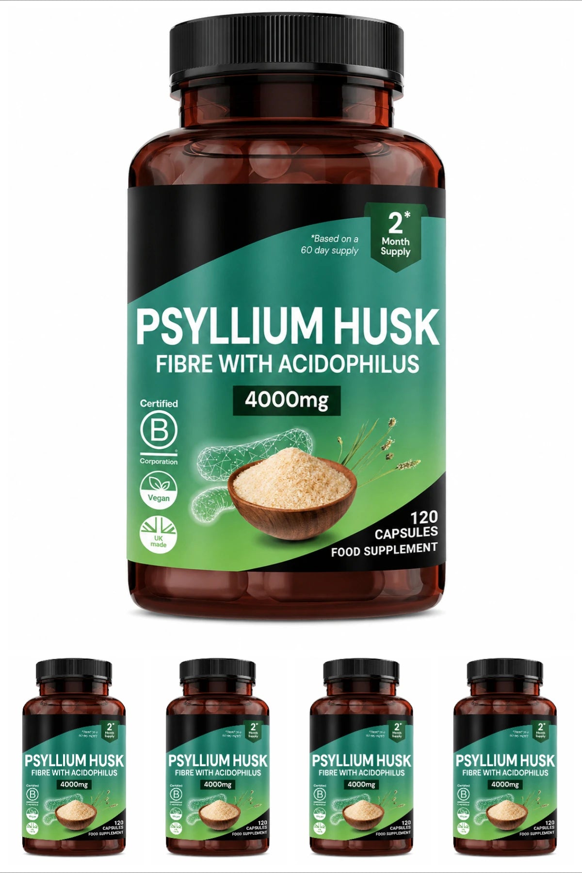 Psyllium Husk 4000mg + Lactobacillus Acidophilus – 120 Vegan Caps Fiber Probiotic Supplement Qst 5bottles 600capsules