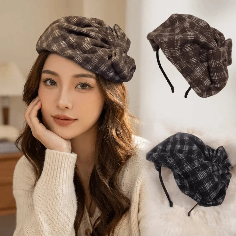 Retro Checkered Bowknot Half-Cap Headband | Vintage Style Fashion Headband Qme