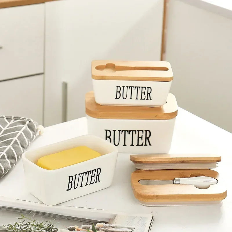 Ceramic Butter Dish with Bamboo Lid & Cheese Knife – 3 Colors Butter Dish Set Qme