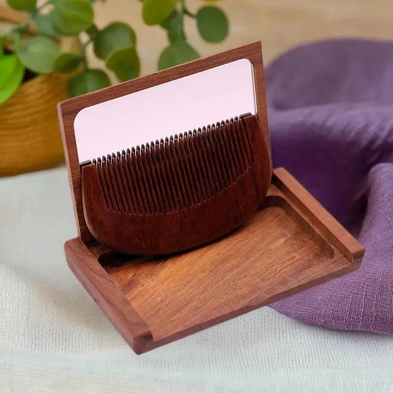 Red Sandalwood 2-in-1 Folding Comb & Mirror Compact Folding Comb Mirror Qme