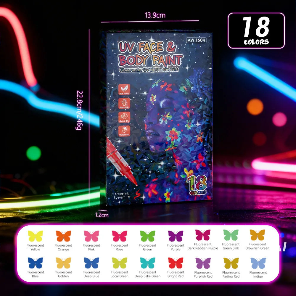 Luminous Face Paint Pens – 8, 12 & 18 Color Glow Sets Face Paint Pen Set Qme 18 colors
