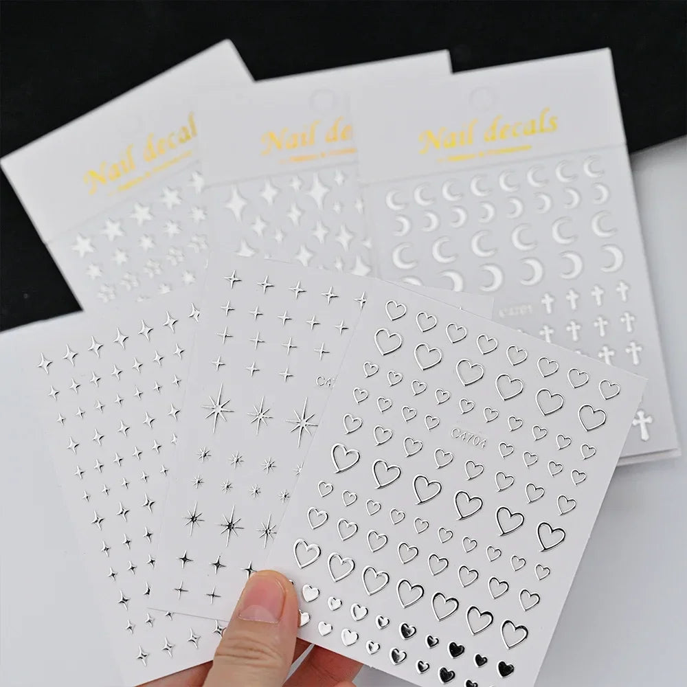 6 Sheets Metallic 3D Star Nail Art Stickers – Silver Decals Nail Art Stickers Qme