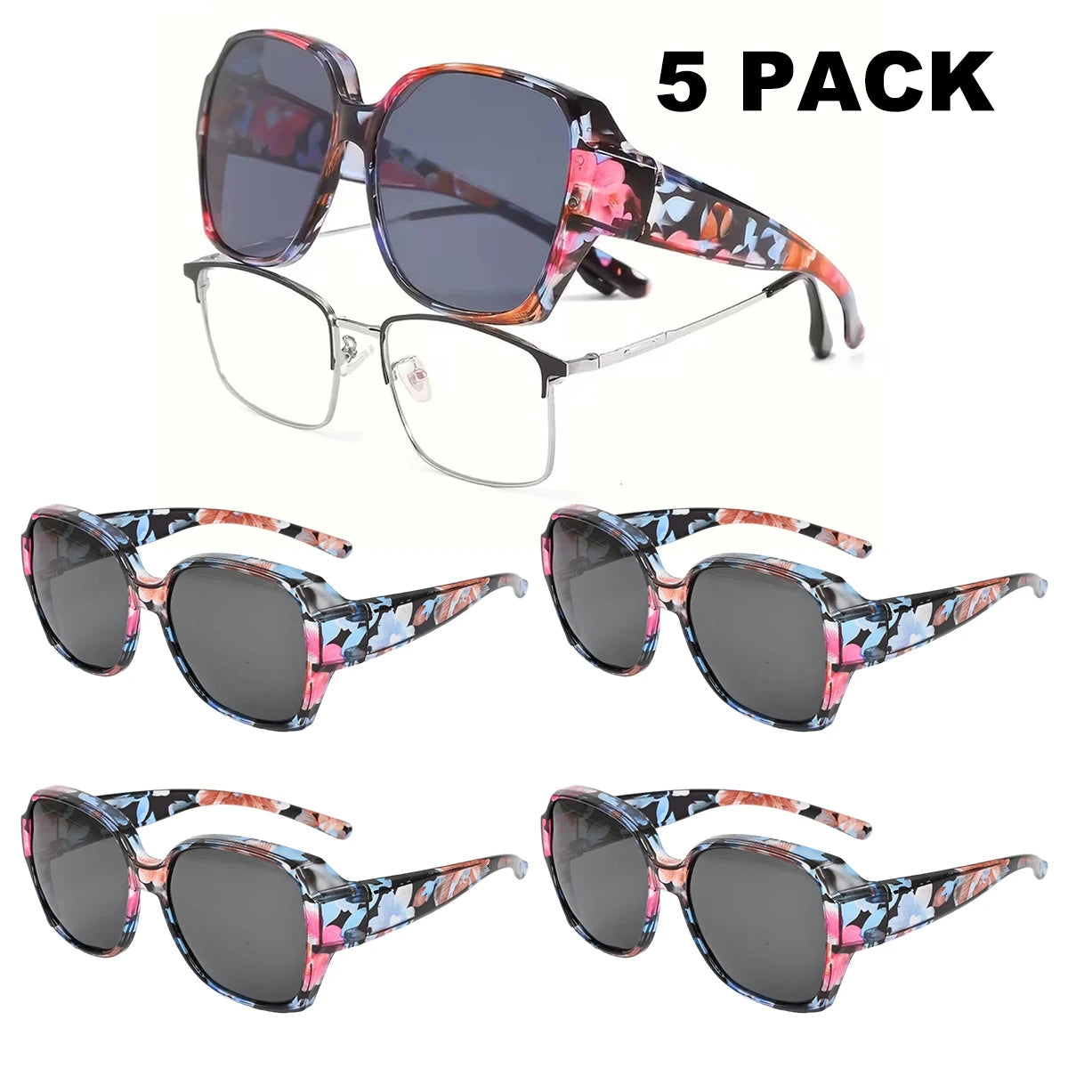 VOPHA T01 Oversized Fit-Over Sunglasses UV400 Unisex Fit-Over Sunglasses Qst 5PCS-Floral