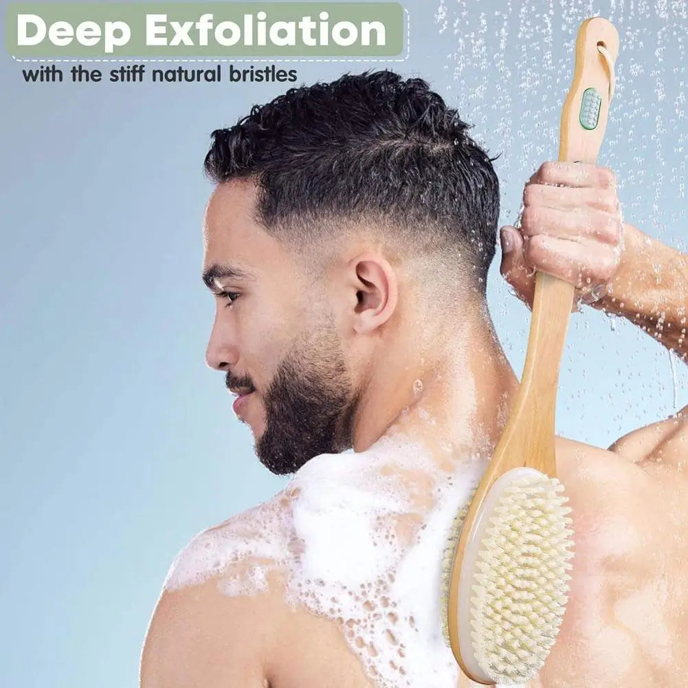 Bamboo Shower Brush – Soft & Stiff Bristles, Long Handle Bath Body Brush Qme