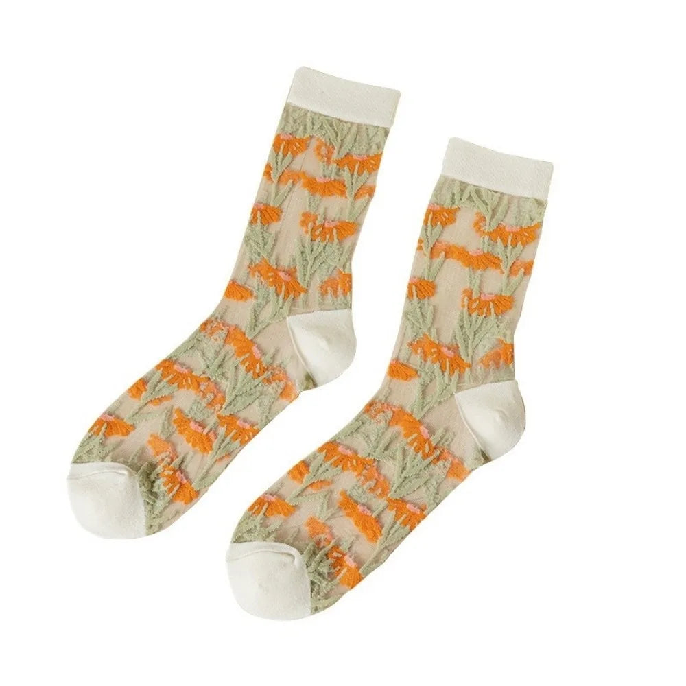 Floral Embroidery Tulle Socks – Sheer Crystal Silk Mesh Embroidery Tulle Socks Qme Orange One Size