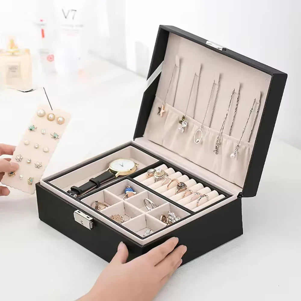 Double-Layer Locking Jewelry Box – PU Leather Organizer Jewelry Storage Box Qme