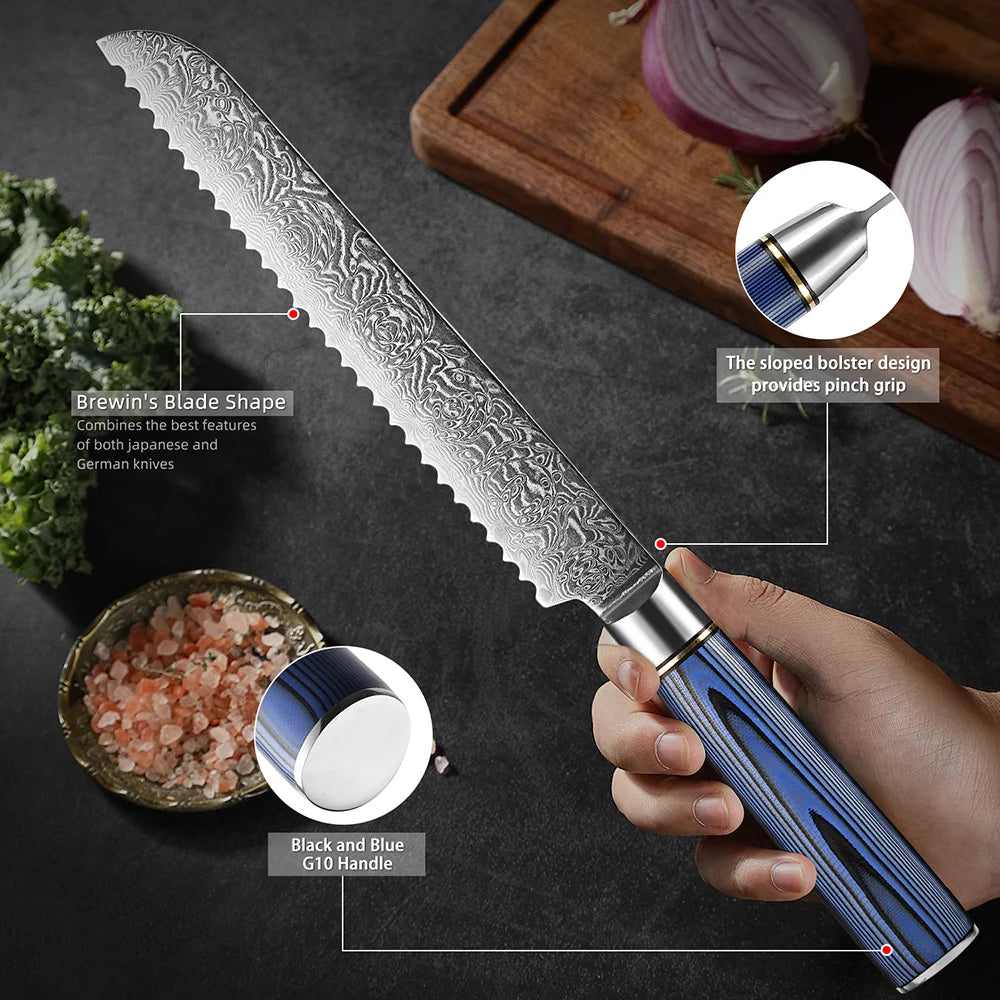 XITUO 8" Damascus Serrated Bread Knife – Sharp, Ergonomic Serrated Bread Knife Qst