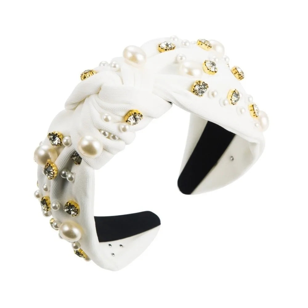 Rhinestone Pearl Wide Headband Hair Hoop – 12 Colors Pearl Rhinestone Headband Qme White