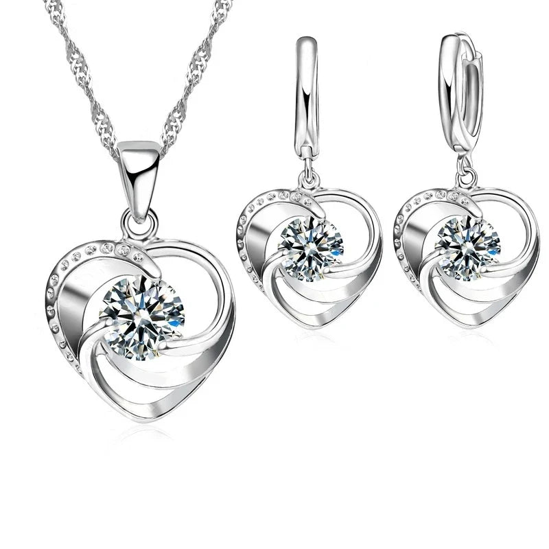 925 Sterling Silver Heart Necklace & Earrings Set – 18" Chain Silver Jewelry Set Qme Default Title