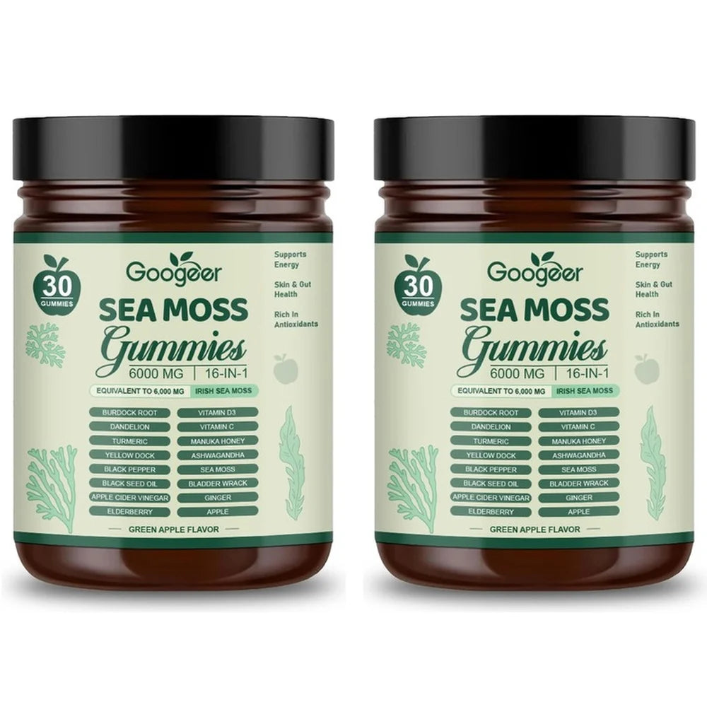 Googeer Sea Moss Gummies 16-in-1 6000mg Irish Sea Moss Vit C D3 Sea Moss Gummies Qst 60 Count(Pack of 2)