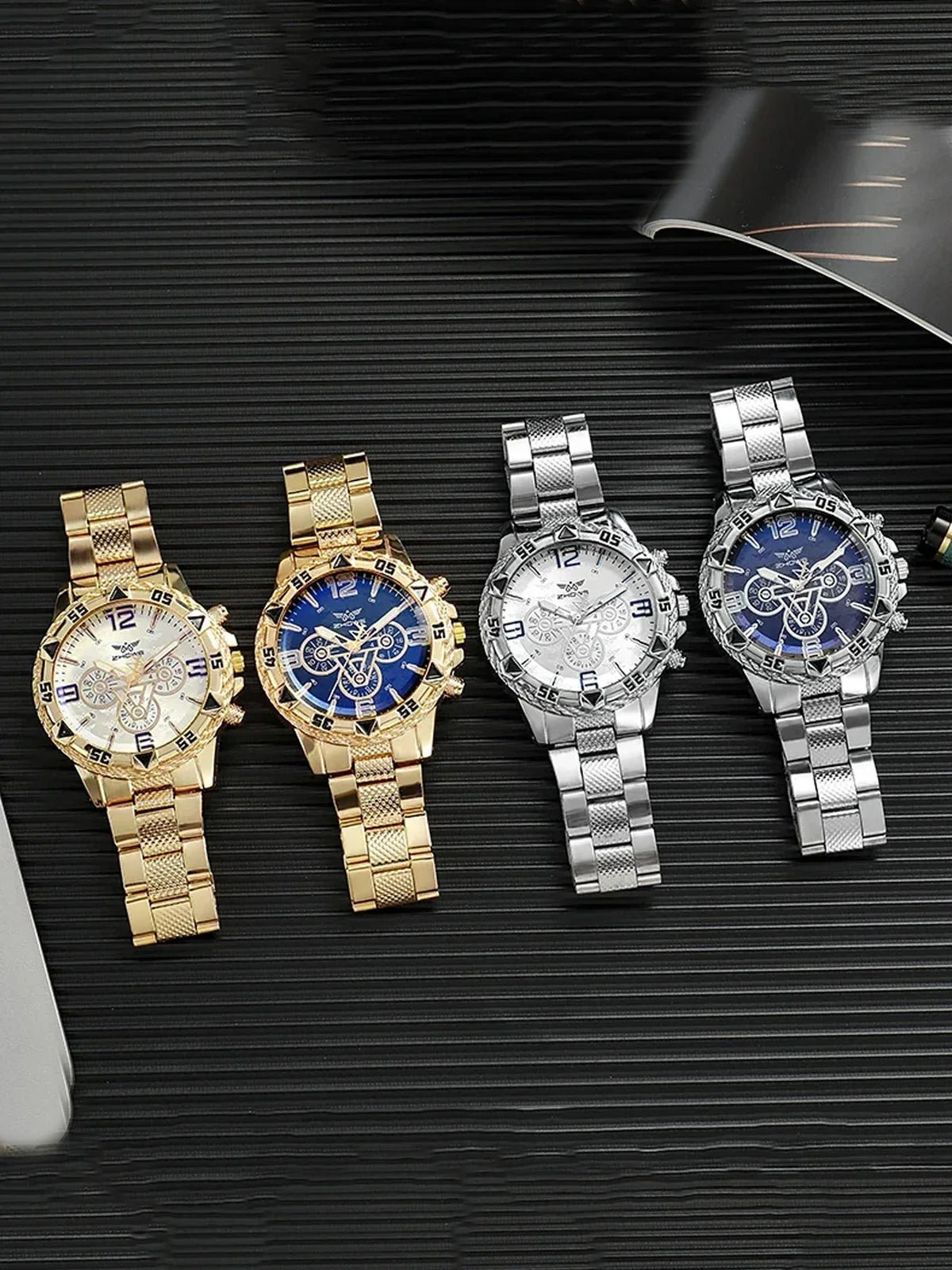 Men's Large Dial Gold Quartz Watch – Blue Dial Steel Strap Men's Quartz Watch Qme
