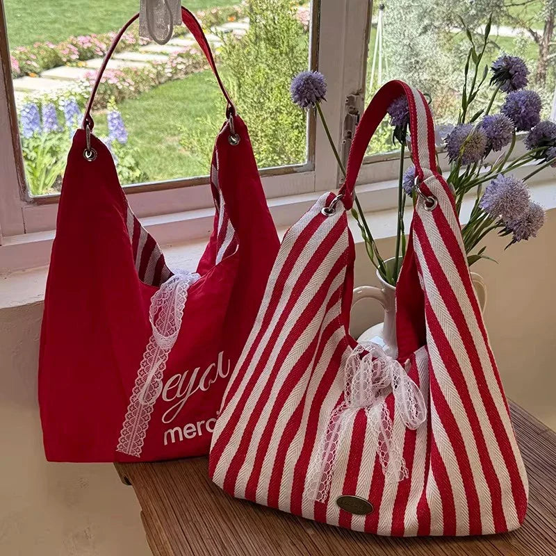 Women's Striped Reversible Hobo Tote Bag with Lace Bow Decor Reversible Hobo Tote Qme Red one size