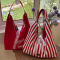 Women's Striped Reversible Hobo Tote Bag with Lace Bow Decor Reversible Hobo Tote Qme Red one size