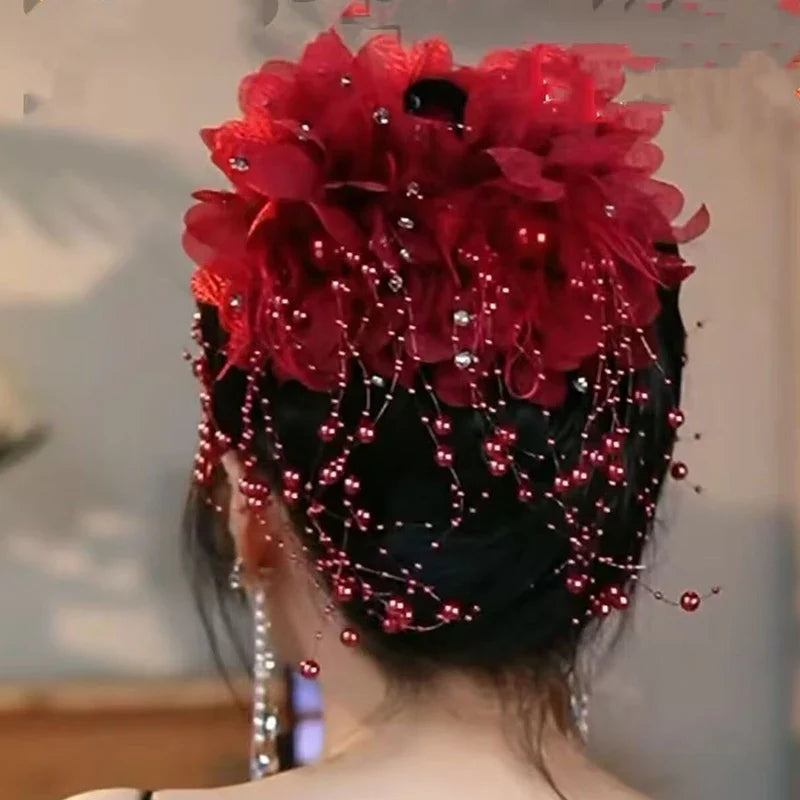 Women's Luxury Mesh Flower Pearl Tassel Hair Clips Hair Clip Qme