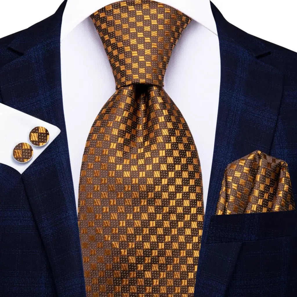 Hi-Tie 100% Silk Black Gold Jacquard Wedding Necktie Set