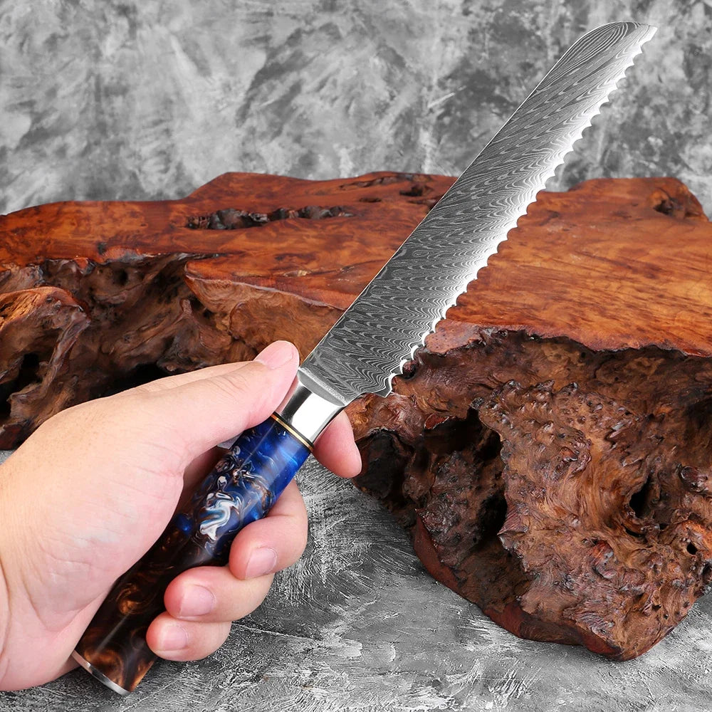 8-Inch Damascus Serrated Bread Knife – 67-Layer Steel Serrated Bread Knife Qst