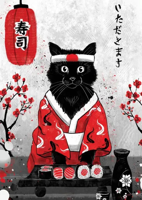 Japanese Cat Samurai Canvas Poster | Animal Wall Art Décor Canvas Wall Art Qst