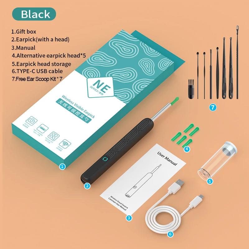 Wireless Visual Ear Cleaner – 1080P HD Camera WiFi Earpick Visual Ear Cleaner Qst Black