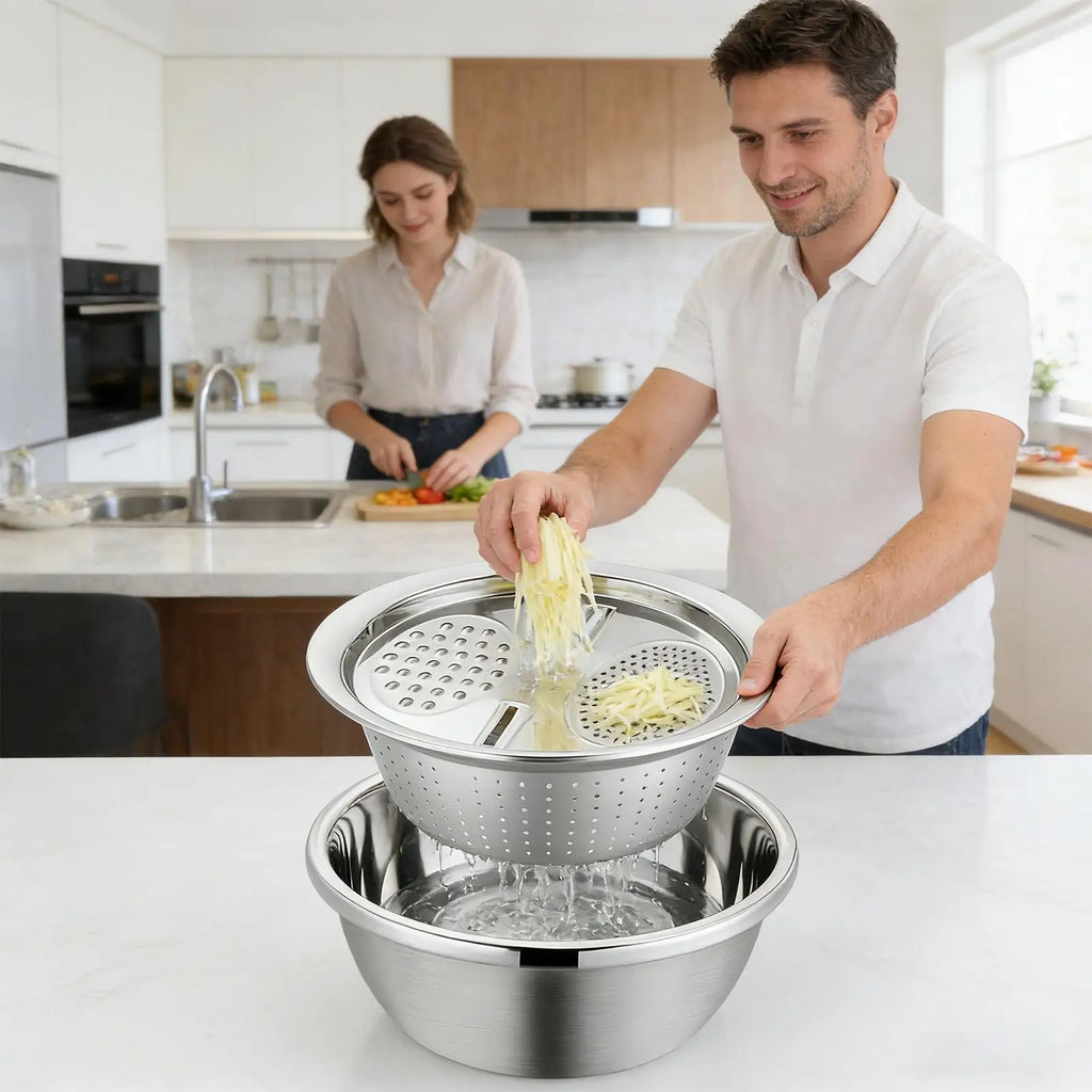 Stainless Steel Mesh Strainer Bowl & Draining Basket with Grater Mesh Strainer Bowl Qme
