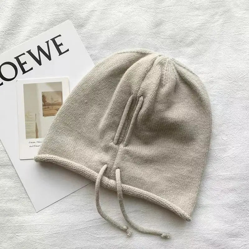 Women's Winter Plush Knit Beanie Hat with Ear Flaps Knit Winter Beanie Qst Beige